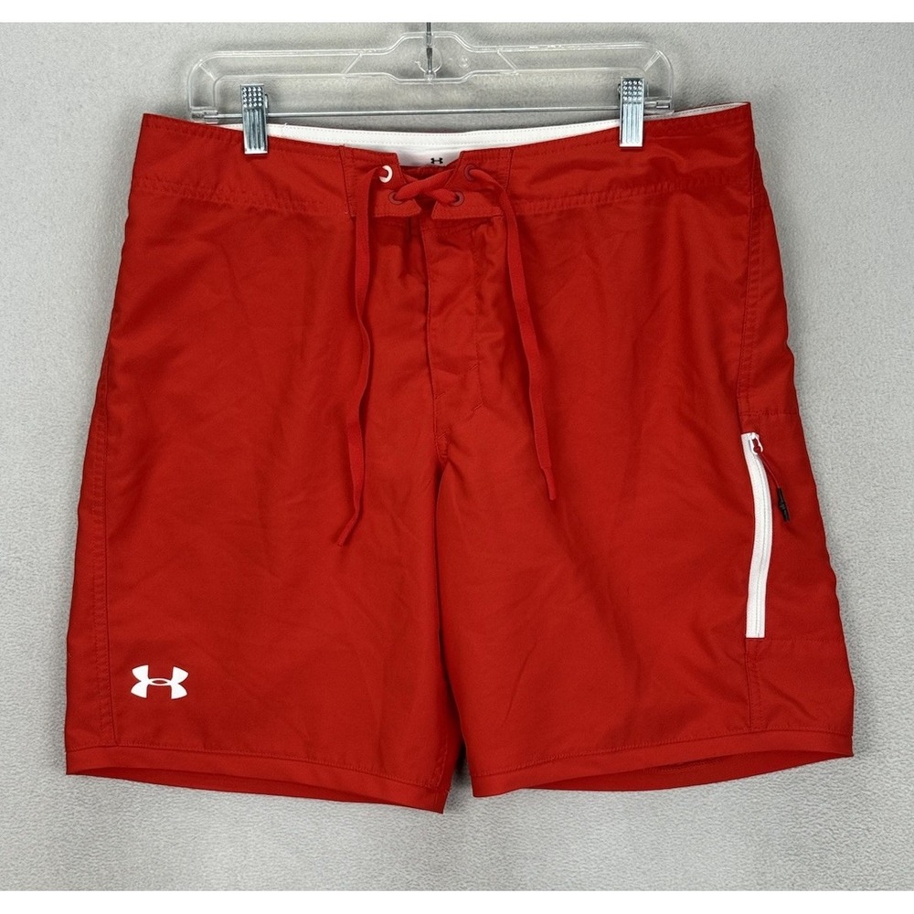 Under Armour Heatgear Men's Sz 36 Red Logo Zip Pockets Boardshorts Swim Trunks - Picture 1 of 8